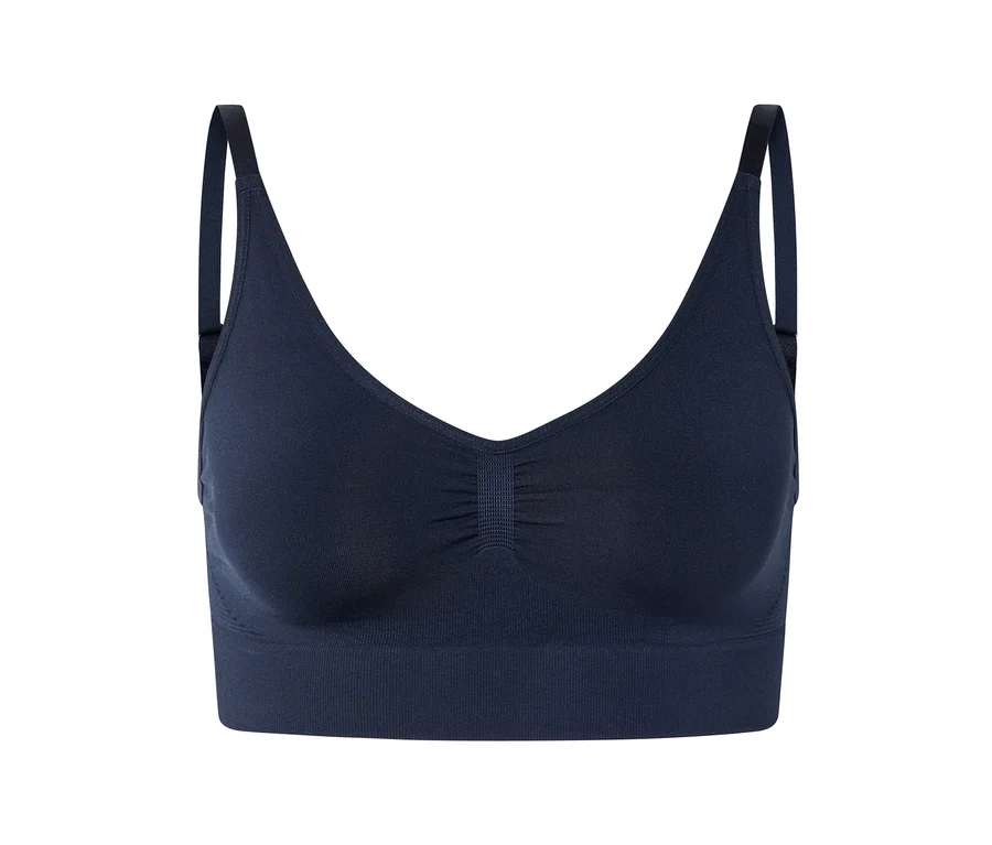 Soutien-gorge bleu marine avec col en V et bretelles.