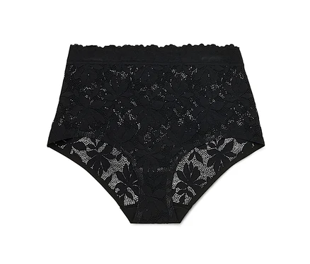 Culotte noire en dentelle à taille haute avec motif floral sur fond blanc.