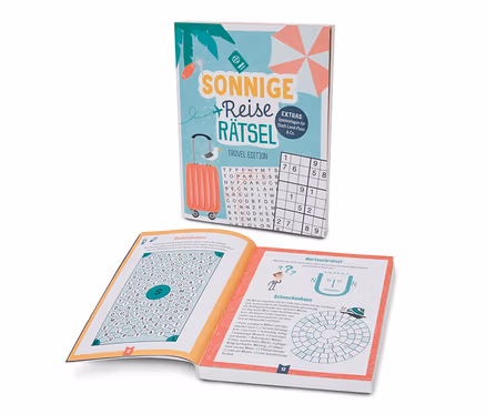 Un livre ouvert et un livre « Sonnige Reise Rätsel » sont présentés.