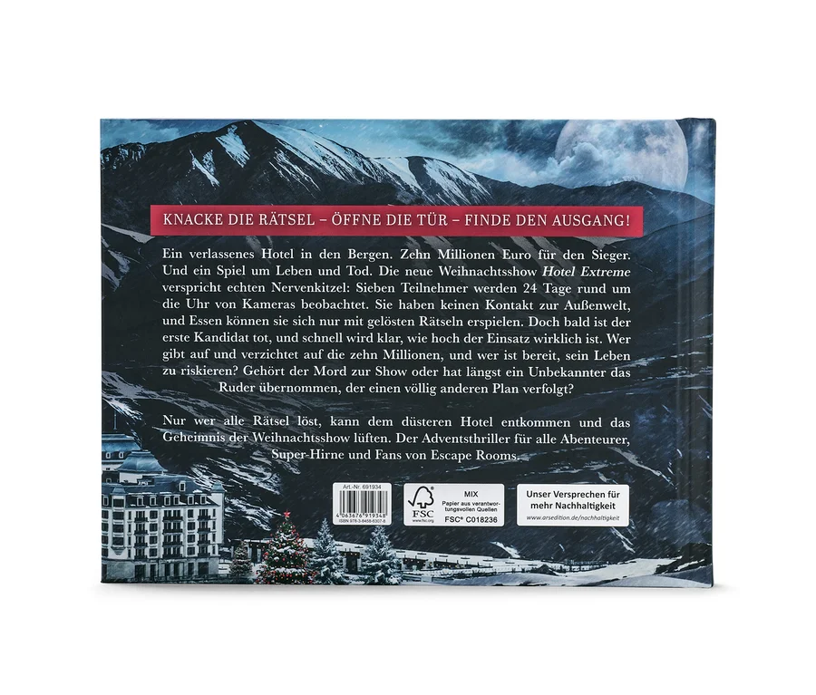 Dos du livre calendrier de l’Avent Escape Room « Das Hotel der tausend Augen » avec montagnes enneigées et hôtel.