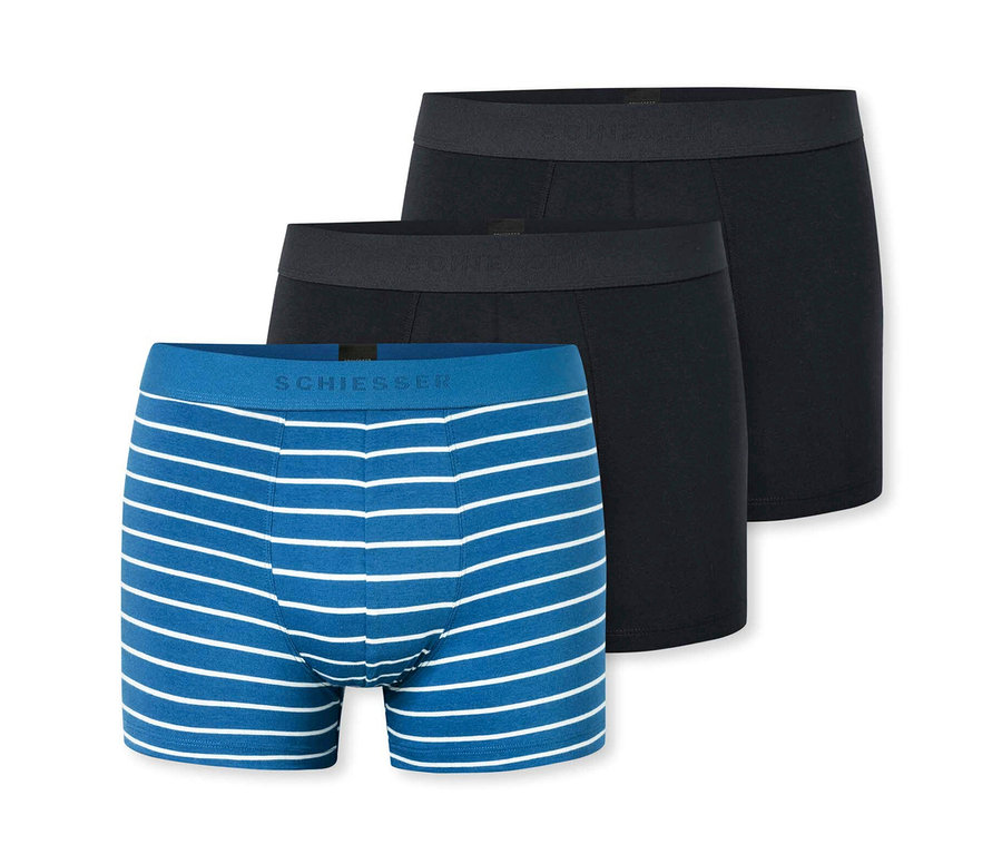 Trois boxers SCHIESSER, rayés bleu et blanc et noirs.