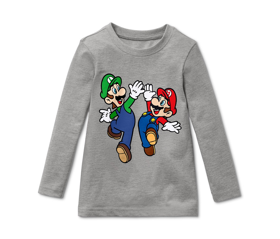 T-shirt manches longues gris avec imprimé Super Mario et Luigi.