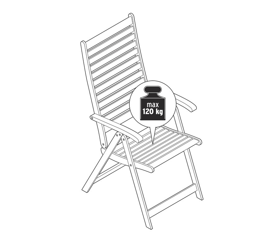 Illustration de chaises en teck avec dossier haut réglable, avec une note indiquant une capacité de charge maximale de 120 kg.