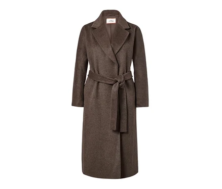 Manteau en laine mélangée marron avec ceinture.