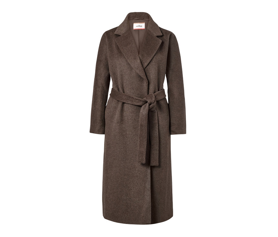 Manteau en laine mélangée marron avec ceinture.