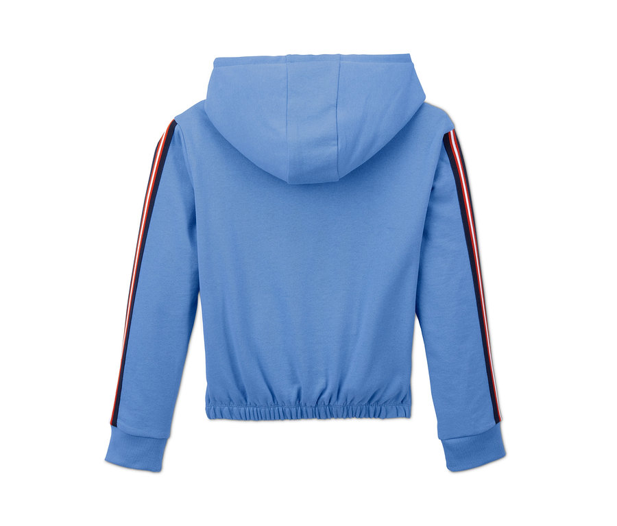 Vue arrière d'un sweat-shirt court à capuche bleu clair.