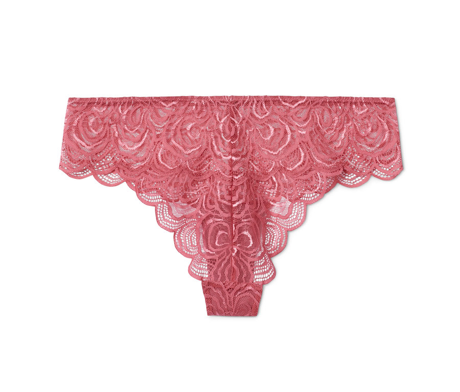 Mini-slip en dentelle rose sur fond blanc.