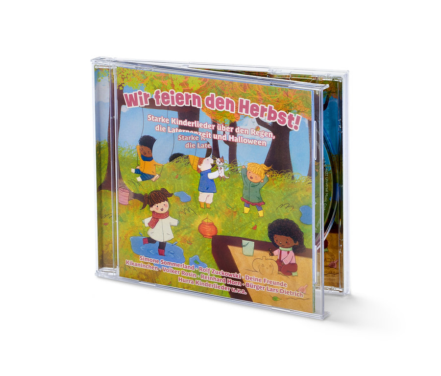 Jaquette du CD « Wir feiern den Herbst ! » avec des personnages de dessins animés d'enfants dans un paysage automnal.