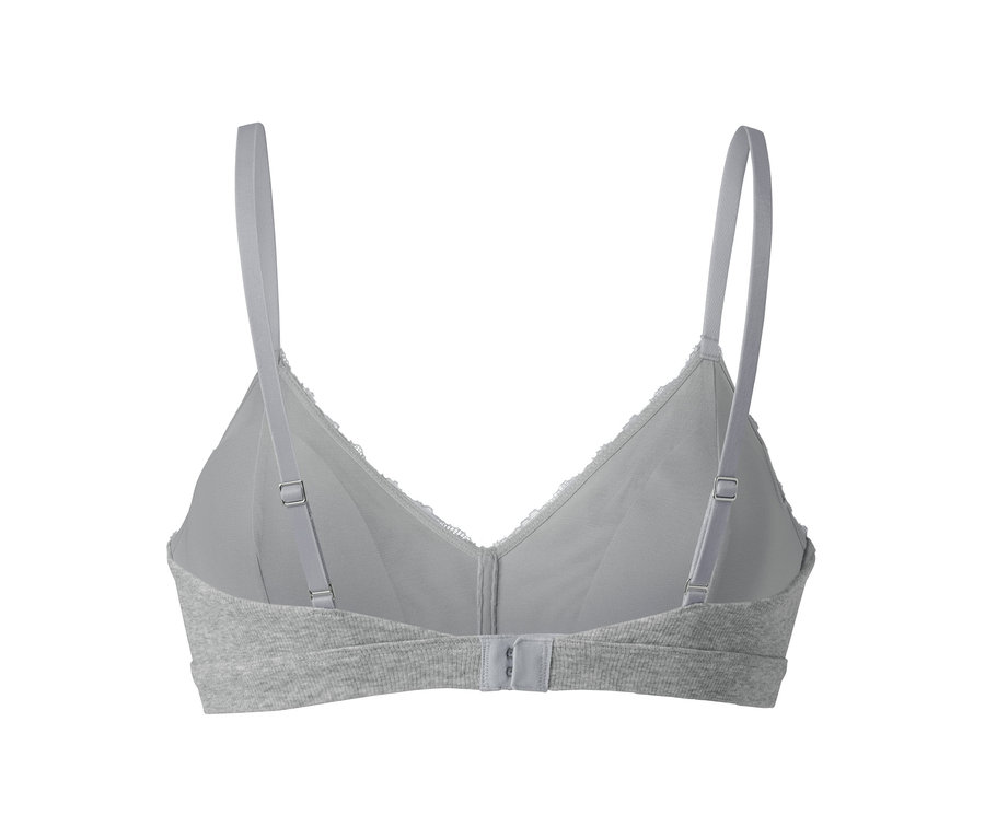 Détail d'un soutien-gorge gris doux en matière côtelée, vue arrière.