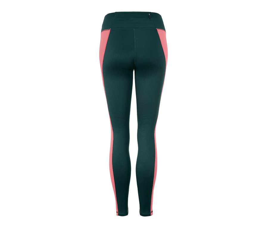 Vue arrière d'un legging thermique extra chaud vert foncé et saumon.