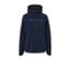 Veste de sport imperméable bleu foncé avec capuche et fermeture éclair à demi-hauteur.
