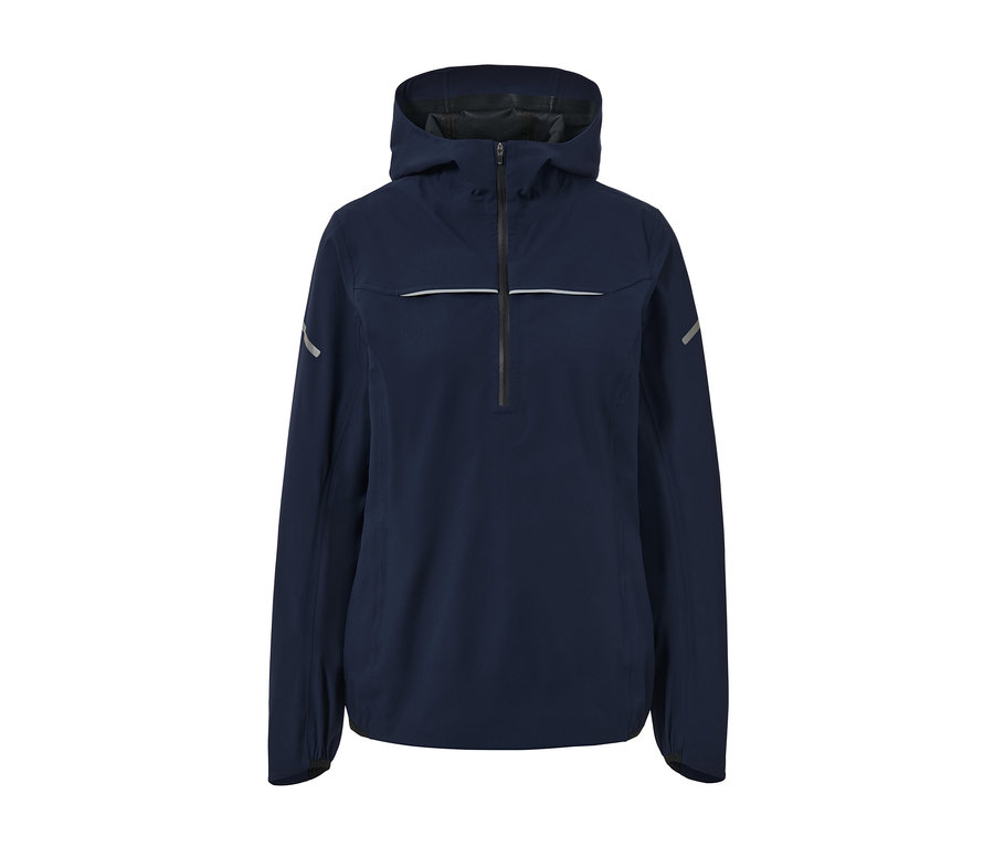 Veste de sport imperméable bleu foncé avec capuche et fermeture éclair à demi-hauteur.