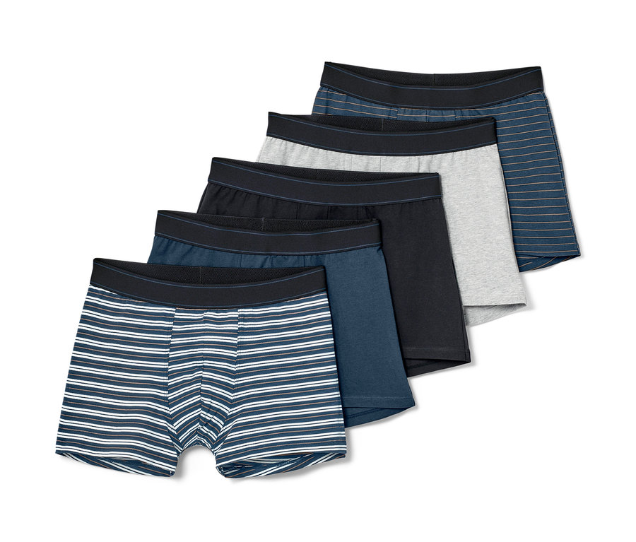 Cinq boxers, un rayé, un bleu foncé, un noir et un gris.