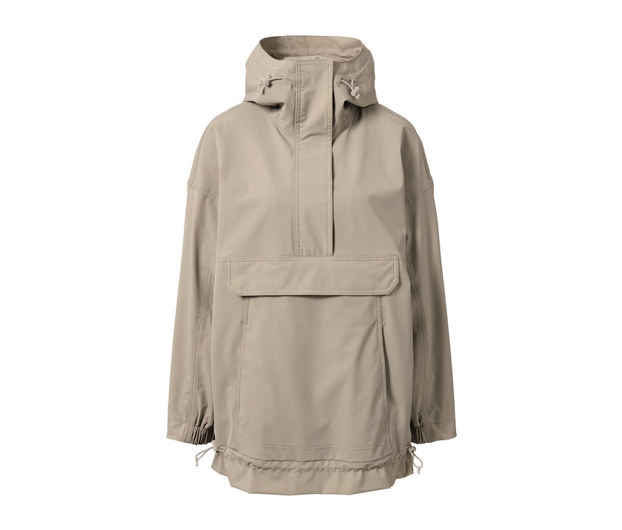 Imperméable fonctionnel oversize beige avec capuche et poche poitrine.