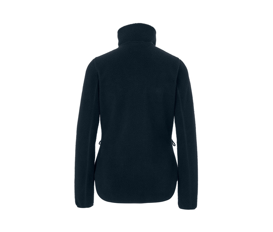 Veste en peluche bleu foncé à col montant, vue de dos.