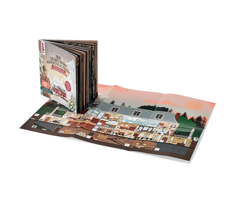Le livre Escape-book calendrier de l'avent « Sherlock Holmes und die geisterhafte Weihnacht » ouvert est posé sur une illustration dépliée d'une maison.