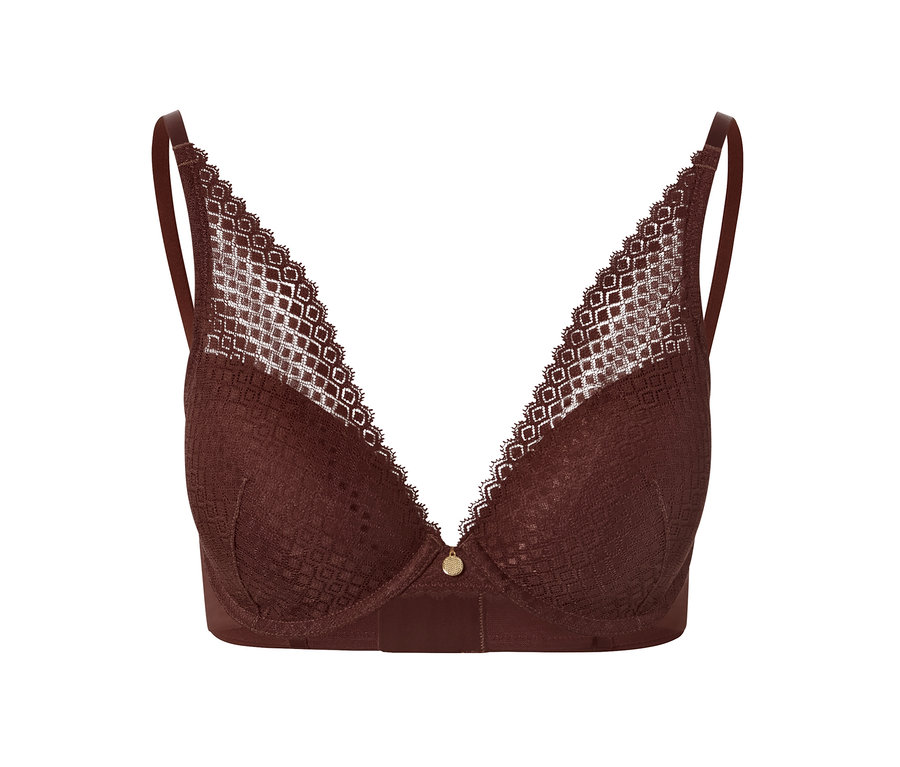 Un soutien-gorge à coques marron avec des détails en dentelle.