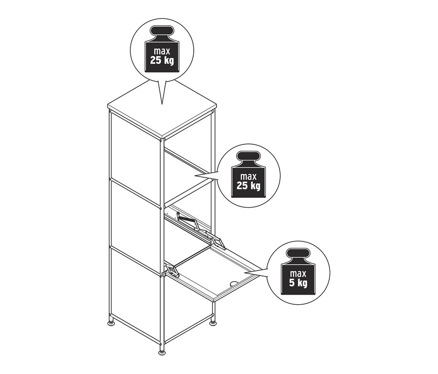 Schéma d'une commode étroite en métal blanc « CN3 » avec plateau en bois et 2 abattants.