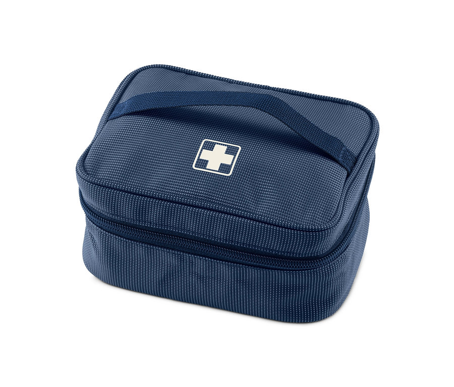 Une trousse à pharmacie bleue avec une croix blanche au centre.