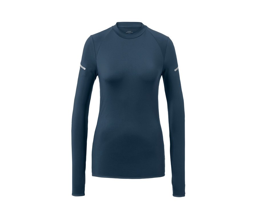 T-shirt fonctionnel manches longues bleu foncé sur fond blanc.