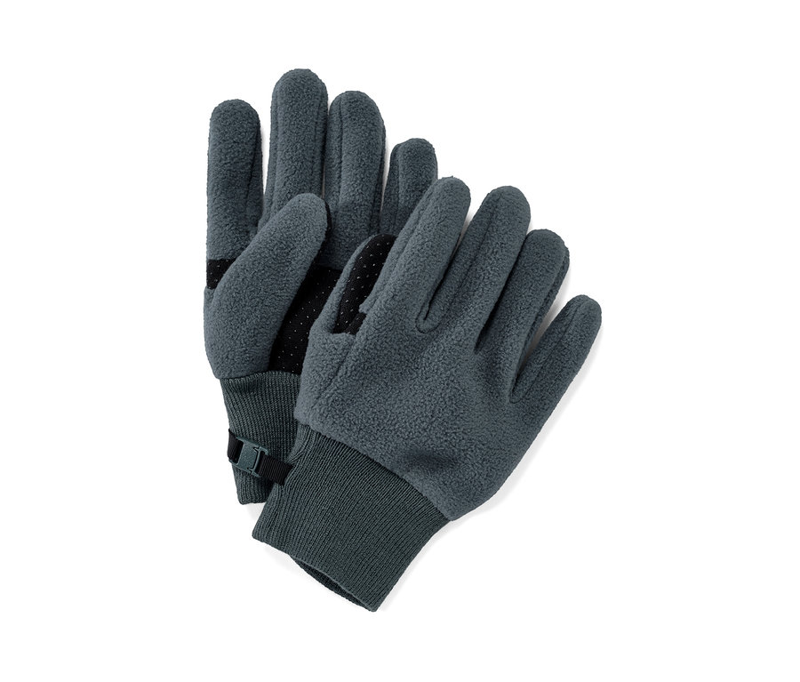 Deux gants en polaire pour enfants sur fond blanc.