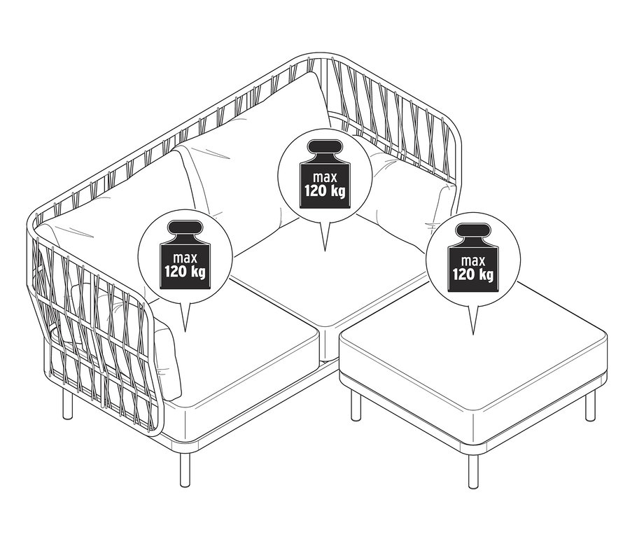 Schéma d'un canapé de relaxation avec repose-pieds, charge maximale 120 kg.