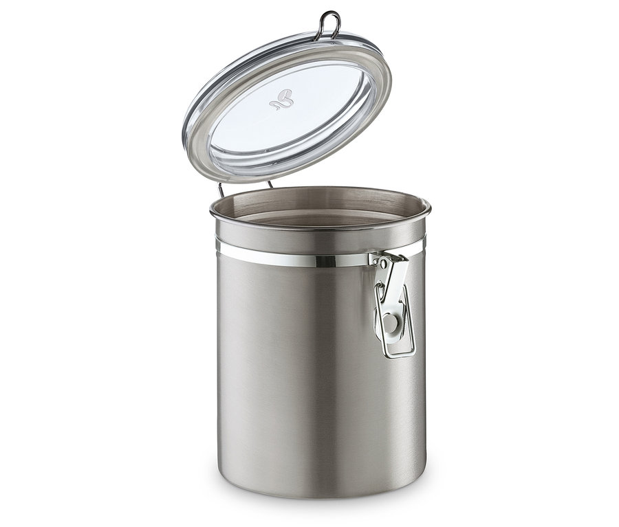 Boîte à arômes ouverte en acier inoxydable sur fond blanc.