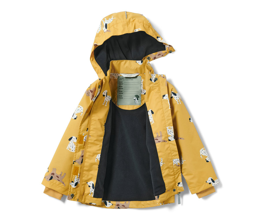 Veste de pluie thermique jaune pour enfant avec imprimé dalmatien, ouverte.