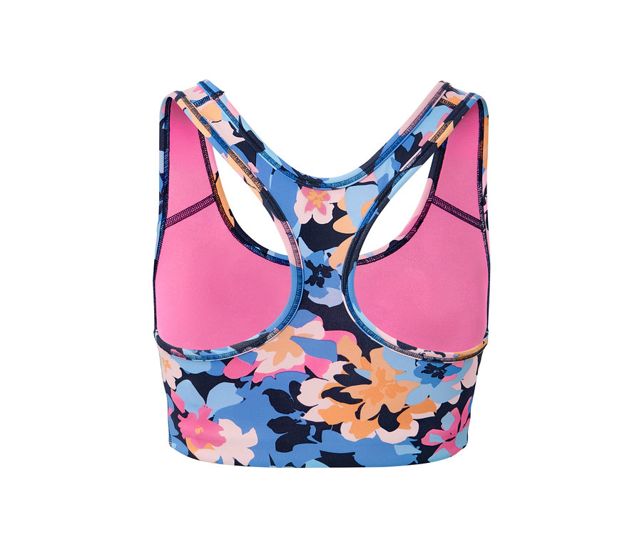 Détail d'une brassière de sport à motif floral.