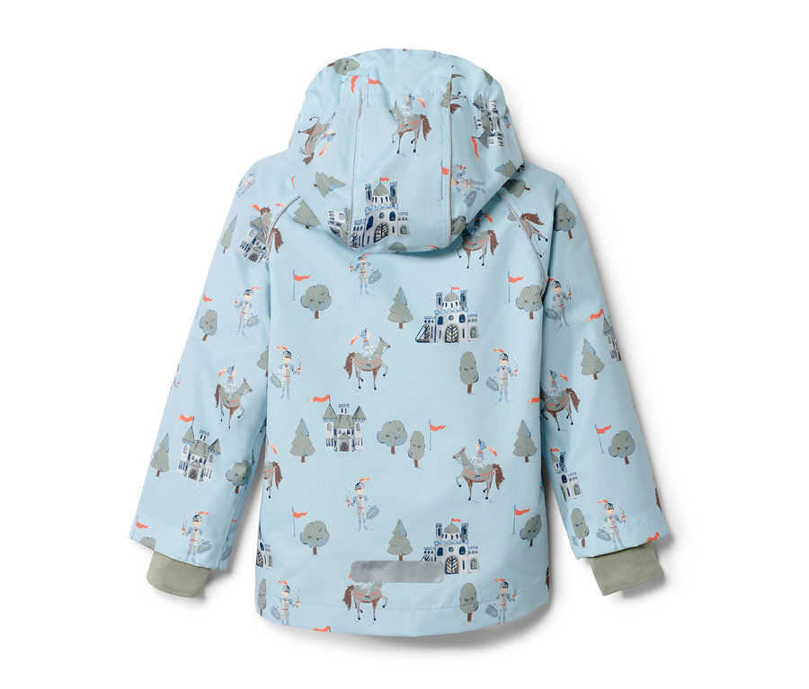 Dos d'une veste de pluie pour enfant avec un motif de chevalier.