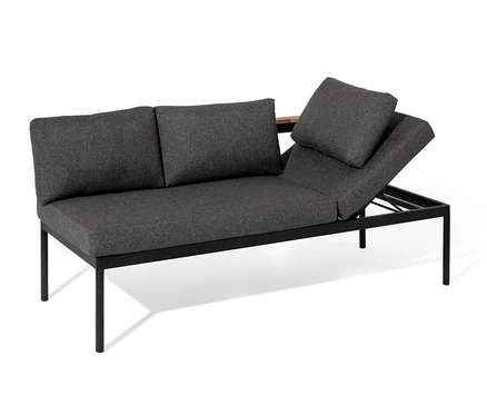 Banquette dining 2 en 1 « Elin » grise avec cadre noir et coussins sur fond blanc.