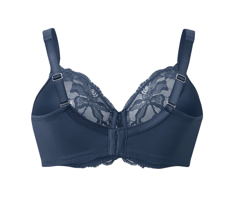 Soutien-gorge minimiseur bleu avec détails en dentelle.