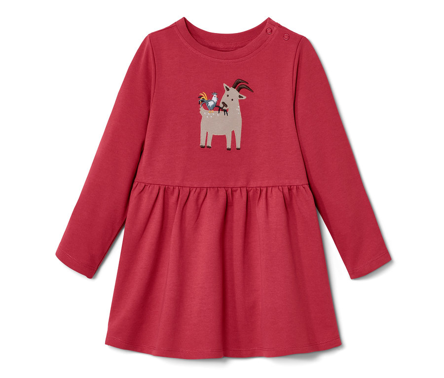 Robe sweat rouge pour tout-petits avec une broderie d'une chèvre et d'un coq.