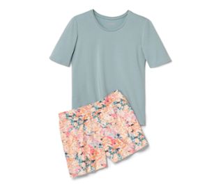 Haut aqua, short abricot avec imprimé floral intégral multicolore