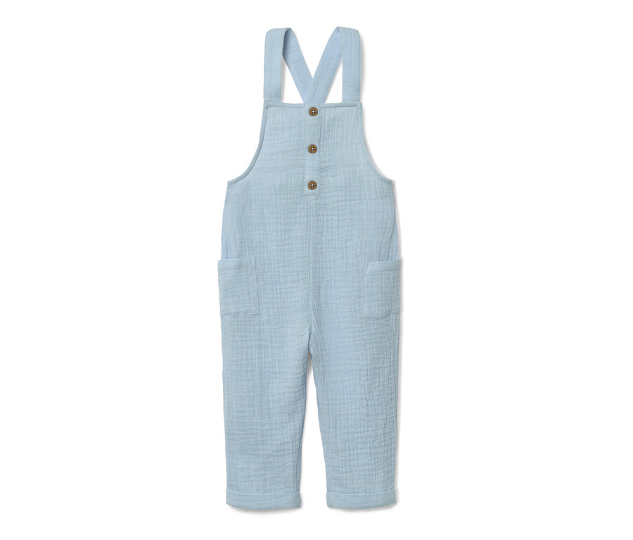 Salopette pour bébé bleue avec boutons et poches.