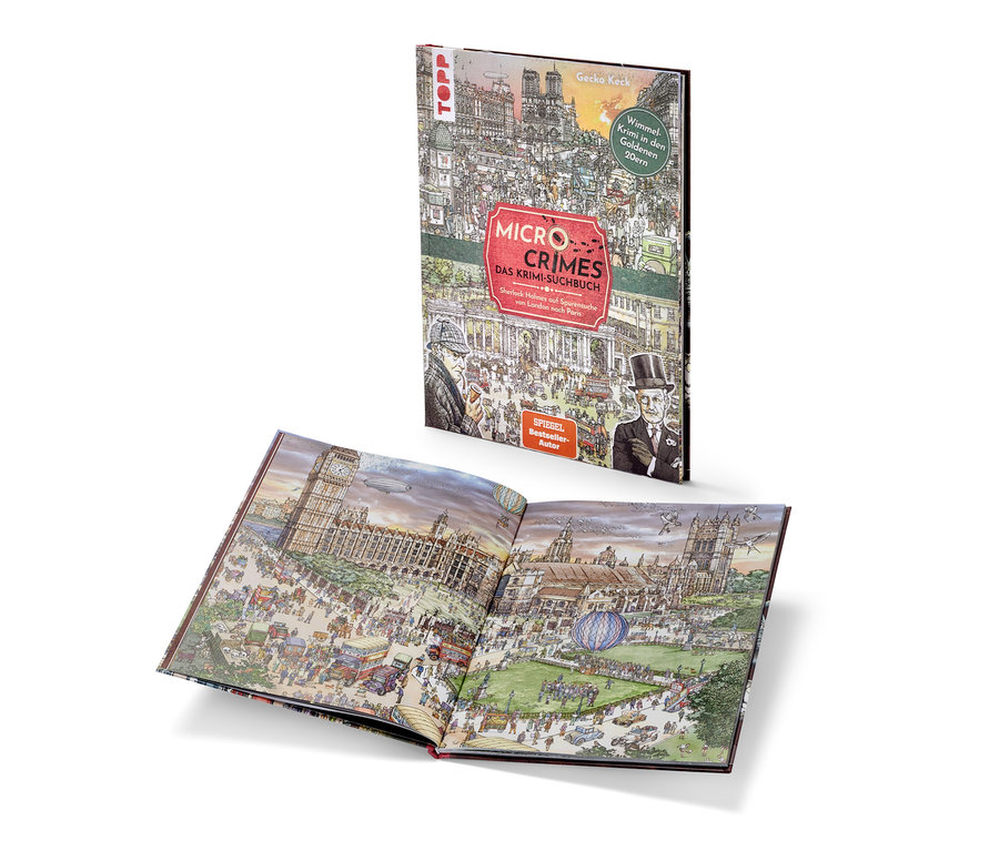 Deux exemplaires du livre « Micro Crimes – das Krimi-Suchbuch ». Un exemplaire est fermé et posé sur la table, l'autre est ouvert et posé sur la table.
