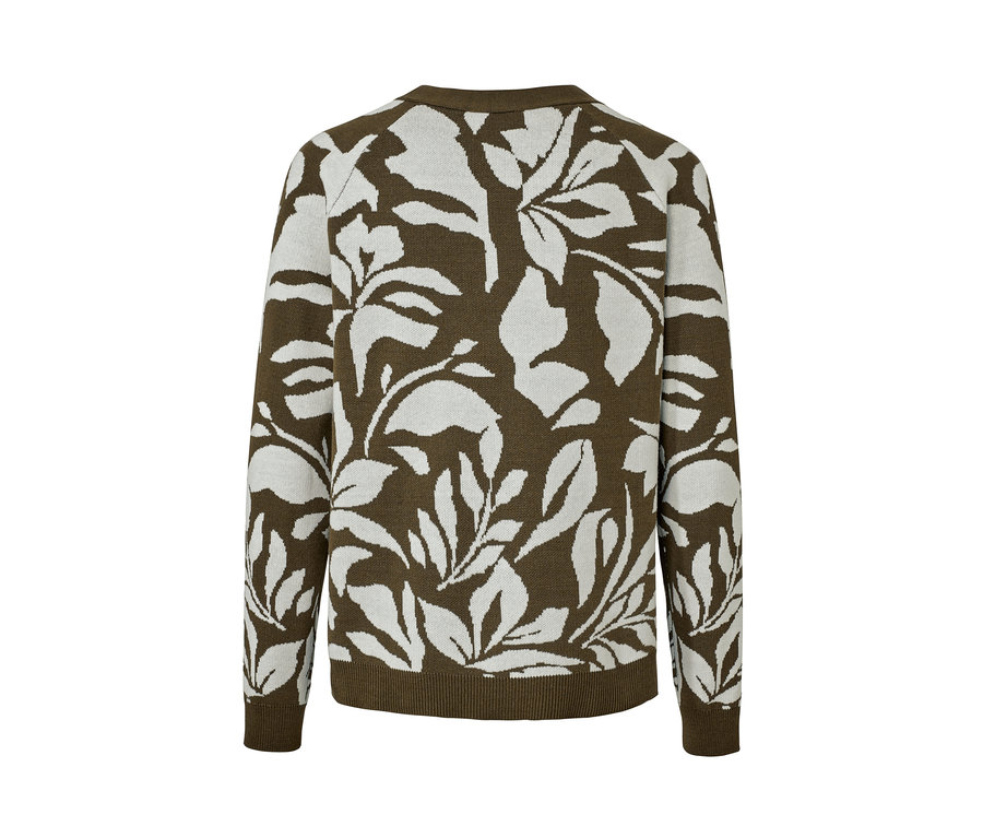 Vue arrière d'un cardigan en grosse maille à motif jacquard avec un motif de feuilles.