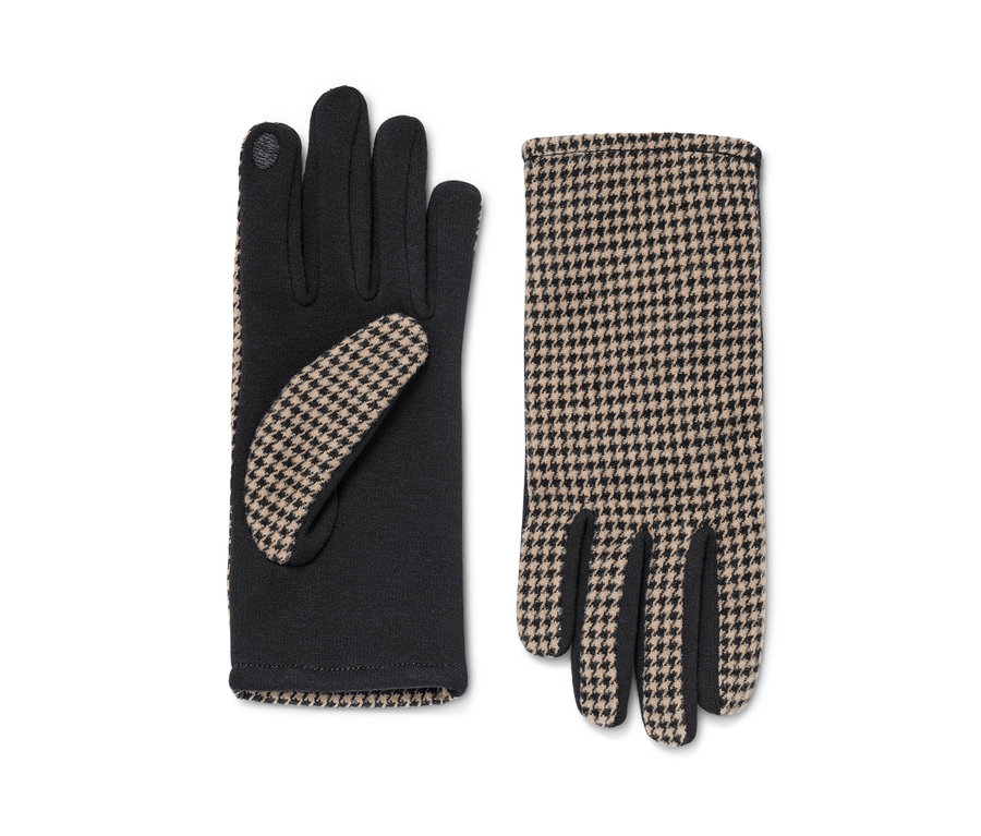 Deux gants : un noir et un avec un motif pied-de-poule.