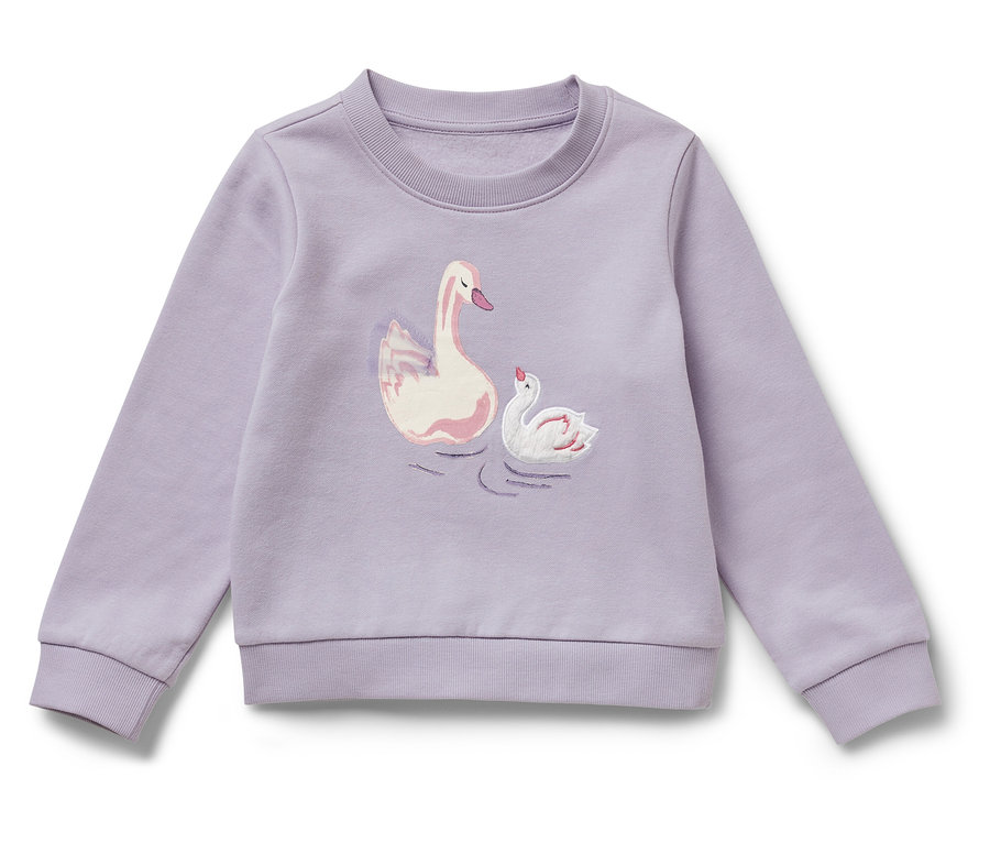Sweat-shirt violet pour enfant avec intérieur gratté et motif cygne.