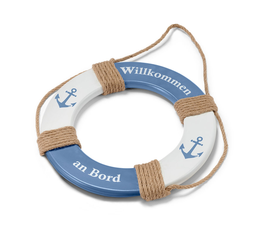 Bouée de sauvetage décorative bleue et blanche avec cordon.