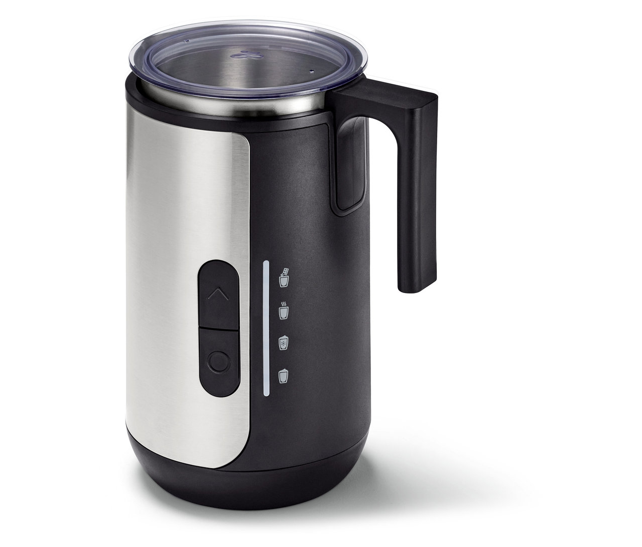 Mousseur à lait noir et argent avec couvercle transparent et poignée noire.