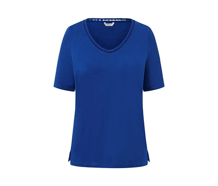 Haut bleu cobalt à manches courtes et encolure en V.