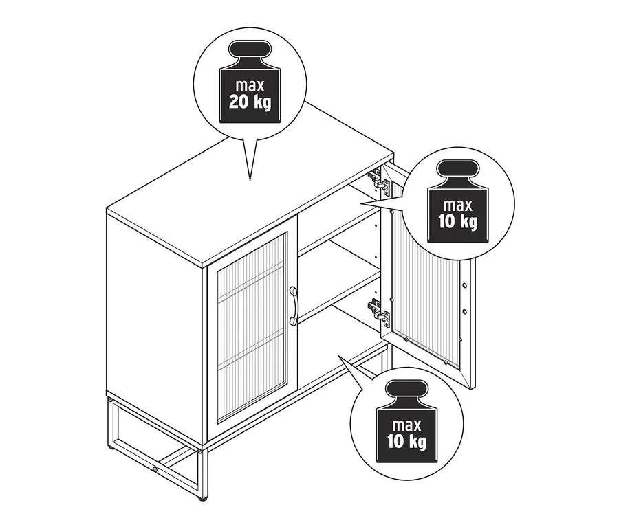 Schéma d'un meuble avec portes en verre, avec portes ouvertes et des légendes sur la capacité de charge maximale.