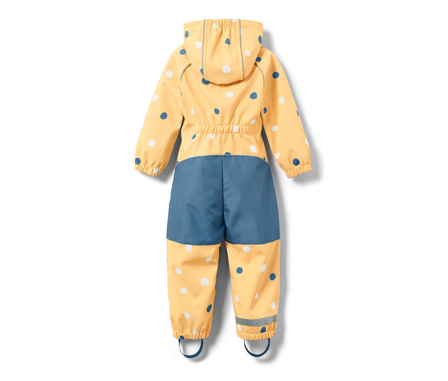 Combinaison softshell jaune pour enfant avec un imprimé à pois, vue de dos.