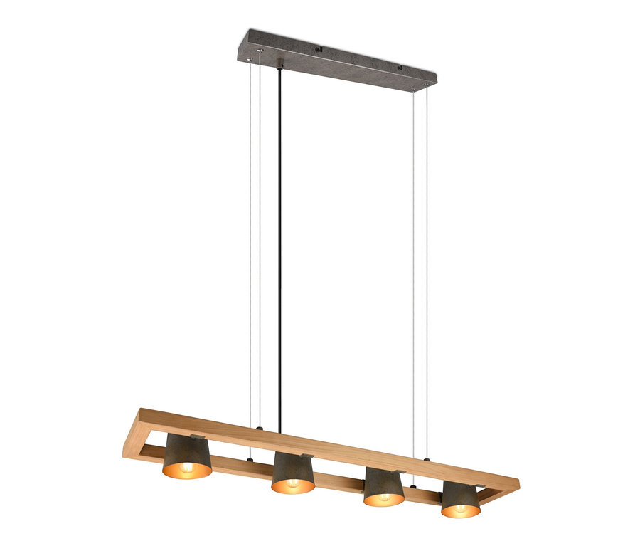 Suspension Trio Bell à quatre lampes avec cadre en bois et abat-jour gris.