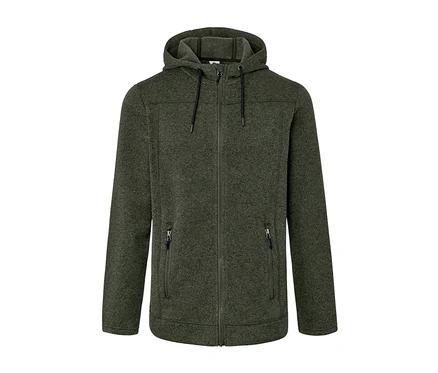 Veste en polaire tricotée verte avec fermeture éclair et capuche.