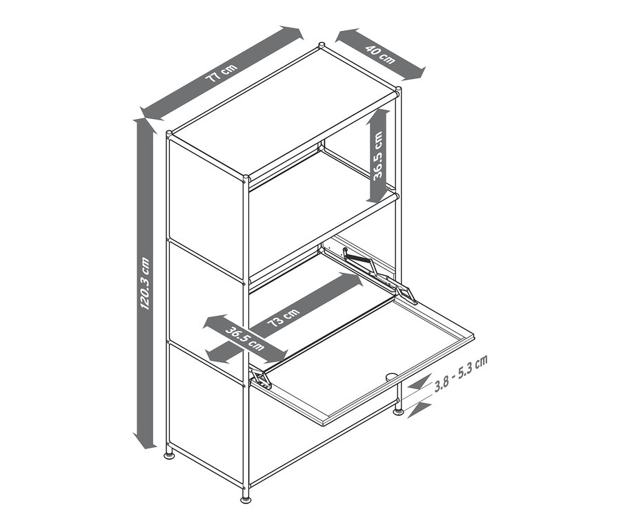 Illustration d'une commode en métal « CN3 » à 2 abattants avec les dimensions correspondantes.