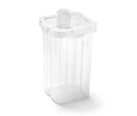 Boîte de rangement 4 en 1 transparente avec couvercle blanc.
