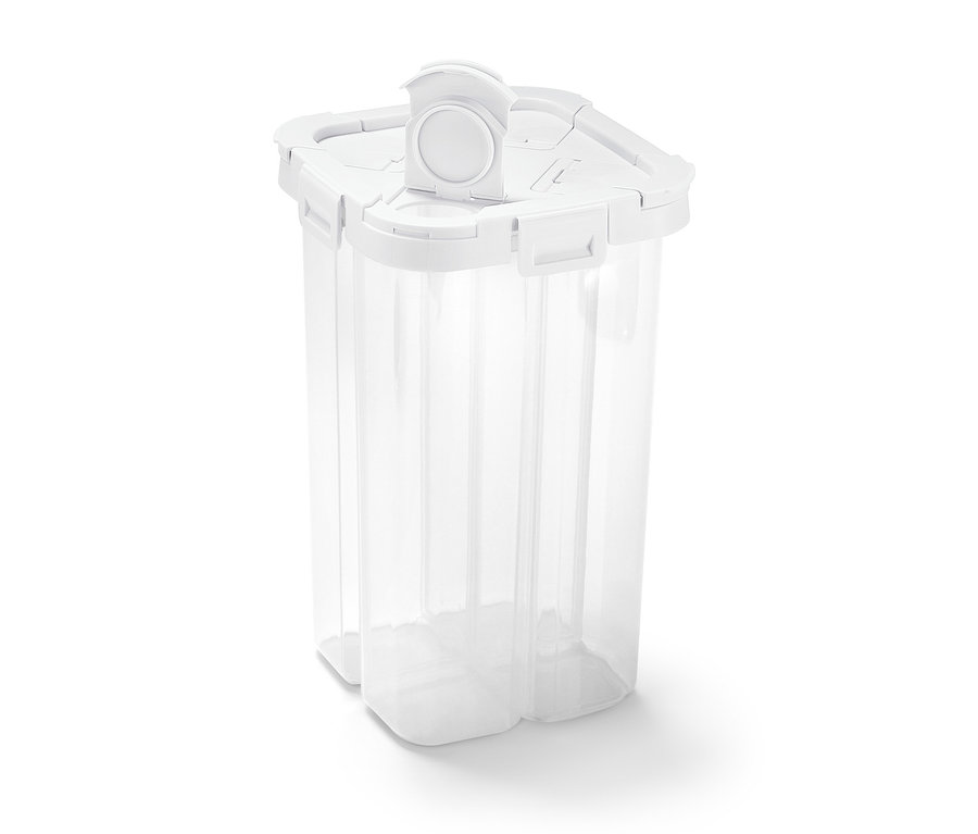 Boîte de rangement 4 en 1 transparente avec couvercle blanc.