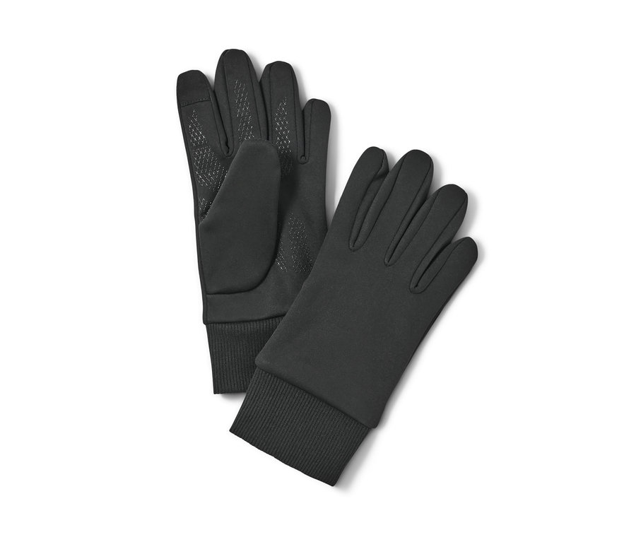 Deux gants thermiques de protection contre le vent noirs pour enfant sont posés l'un à côté de l'autre.